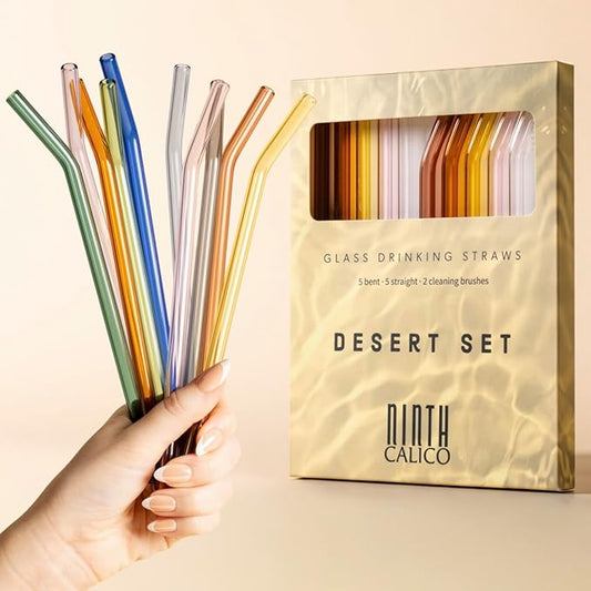 10 Pcs Reusable Glass Drinking Straws, Colorful and Durable Glass Straws for Beverages, Smoothies, Iced Coffee, Juice, Set of 10-5 Straight, 5 Bent, 2 Cleaning Brushes (Desert Set)