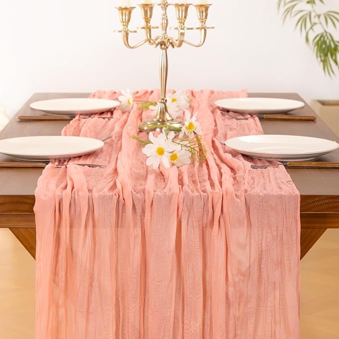 Socomi Coral Peach Fall Thanksgiving Cheesecloth Table Runner Boho Rustic Gauze 120 inch 10FT Cheese Cloth Runner for Wedding Party Baby Shower Birthday Home Decor Holiday Decorations