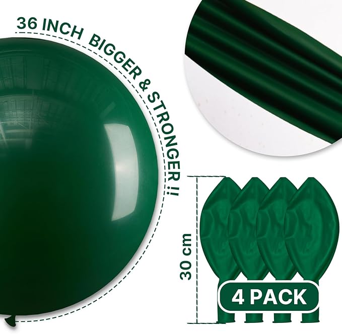 PartyWoo Dark Green Balloons 4pcs 36 Inch Emerald Hunter Forest Green Balloons for Wedding Boy Baby Shower Birthday Christmas Graduation Dinosaur Jungle Golf Theme Party Decorations Green-Y56