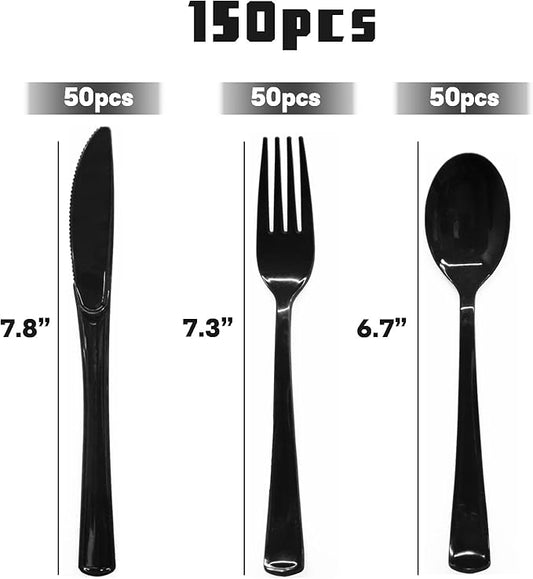 150 Pack Black Plastic Silverware Includes 50 Black Plastic Forks, 50 Knives, 50 Spoons for 2025 Graduation Party, Birthday, Barbecue, Picnic