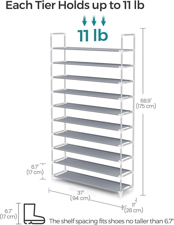 SONGMICS Shoe Rack, 10-Tier Shoe Shelf, Shoe Storage Organizer, 11 x 37 x 68.9 Inches, Metal Frame, Non-Woven Fabric Shelves, for Entryway, Bedroom, Gray ULSR10G