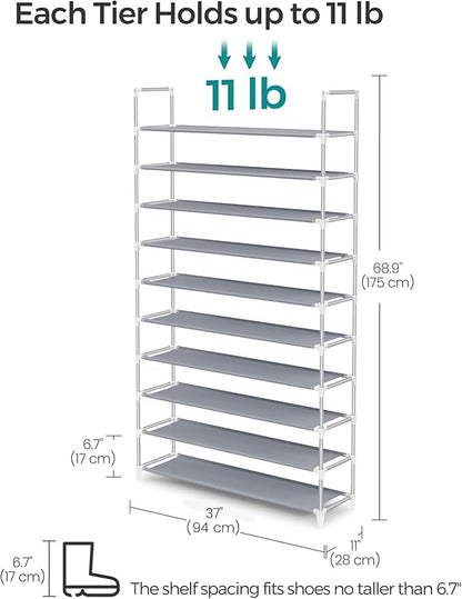 SONGMICS Shoe Rack, 10-Tier Shoe Shelf, Shoe Storage Organizer, 11 x 37 x 68.9 Inches, Metal Frame, Non-Woven Fabric Shelves, for Entryway, Bedroom, Gray ULSR10G