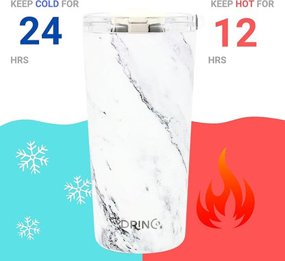 Drinco - 20 oz Stainless Steel Tumbler | Double Walled Vacuum Insulated Mug With Lid, 2 Straws, For Hot & Cold Drinks (20oz Calacatta Marble)