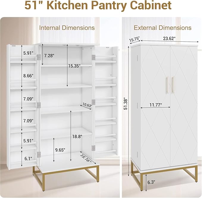 51” Kitchen Pantry Storage Cabinet, White Freestanding Pantry Cabinets with Doors and Adjustable Shelves, Buffet Cupboards Storage Cabinet for Home Office Use, Dinning Room(White + Gold)