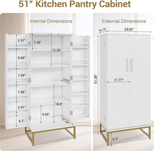 51” Kitchen Pantry Storage Cabinet, White Freestanding Pantry Cabinets with Doors and Adjustable Shelves, Buffet Cupboards Storage Cabinet for Home Office Use, Dinning Room(White + Gold)