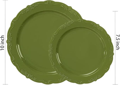 U-QE 100PCS Olive Green Plastic Plates - Plastic Green Plates Disposable Heavy Duty - Olive Disposable Plates for Party Including 50PCS 10'' Dinner & 50PCS 7.5'' Dessert