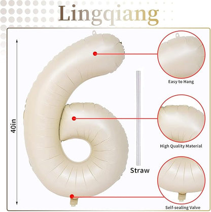 Cream Number Balloons, 40inch Large Beige Number 6 Foil Mylar Helium Balloons for Girls Women, Ivory White Self Inflating Number Balloons 0-9 for Men Boys Birthday Party Celebration Decoration