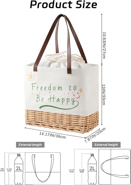 Insulated Picnic Basket Wicker Picnic Basket with 23.7L Canvas and Willow Folding Collapsible Shopping Baskets with Drawstring Closure, Insulated Waterproof Lining for Camping,Wedding Gifts