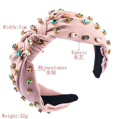 JILIYUPA Carnival Headband Rhinestone Cross Knotted Turban Hair Hoop, Carnival Crystal Twist Velvet Wide Hairband Party Hair Accessory (Pink, Red)