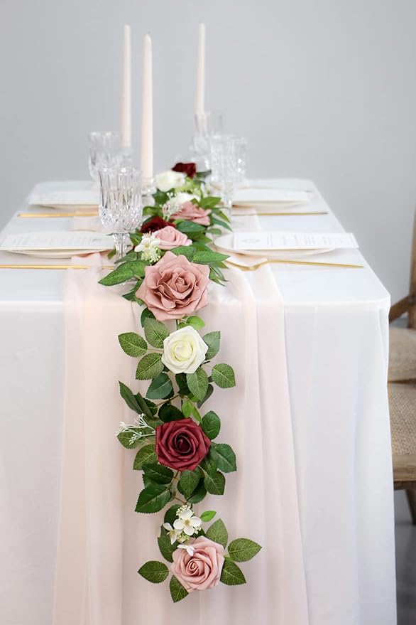 PONATIA 5FT Burgundy Artificial Flowers Garland, Dusty Rose Flowers Garland for Wedding Ceremony Garlands Backdrop Arch Flowers, Table Christmas Decorations (Burgundy & Ivory)