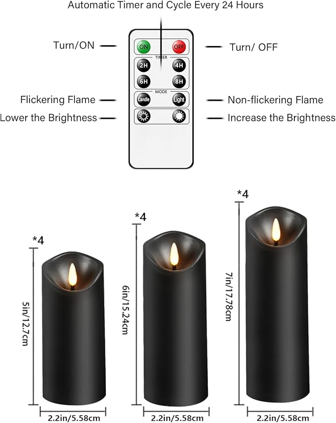Flameless Candles with Remote, Battery Operated Flickering Flameless Candles, LED Candles with Timer 2/4/6/8H, with Realistic LED Candles Set of 12 (D2.2 x H 5" 6" 7") (Black)