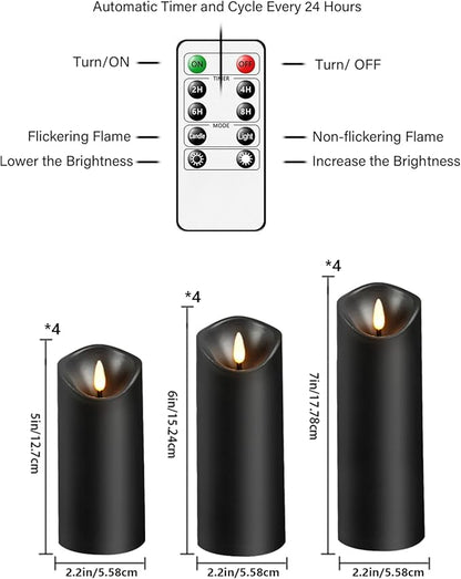 Flameless Candles with Remote, Battery Operated Flickering Flameless Candles, LED Candles with Timer 2/4/6/8H, with Realistic LED Candles Set of 12 (D2.2 x H 5" 6" 7") (Black)