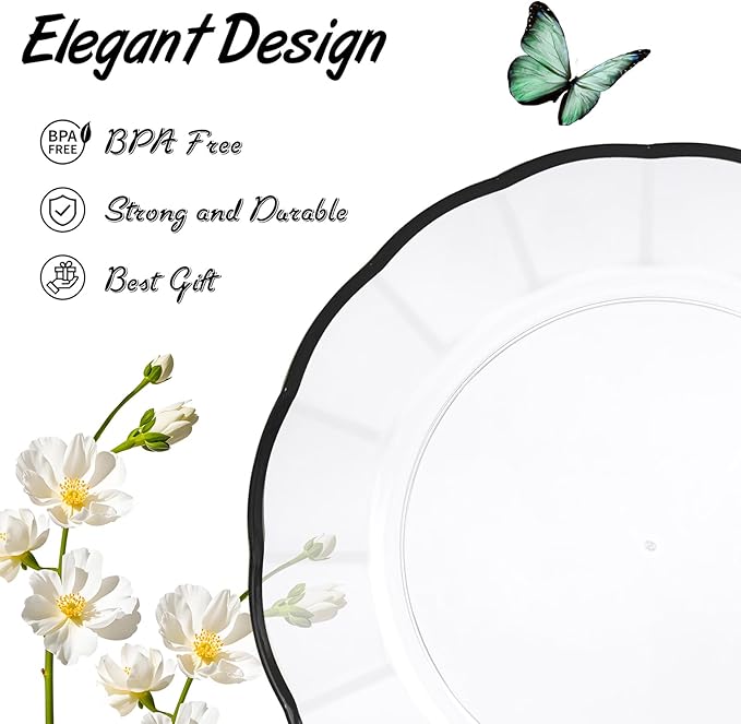 EI 150pcs Clear and Black Plastic Plates Dinnerware Disposable Party Set for 30Guests,Dinnerware Include 60 Clear Plates Disposable 90 Black Silverware,Perfect for Party,Christmas,New Year