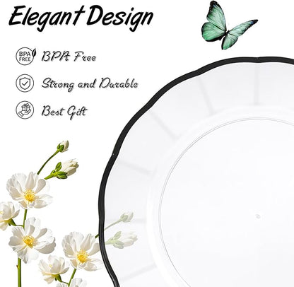 EI 150pcs Clear and Black Plastic Plates Dinnerware Disposable Party Set for 30Guests,Dinnerware Include 60 Clear Plates Disposable 90 Black Silverware,Perfect for Party,Christmas,New Year