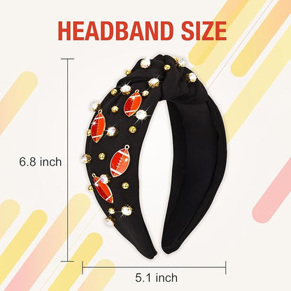 Football Headband for Women, Rhinestone Wide Jeweled Fashion Knotted Hairband for Game Day, Football Costume Sports Hair Accessories for Football Mom Cheer Fans Party Gift - Black