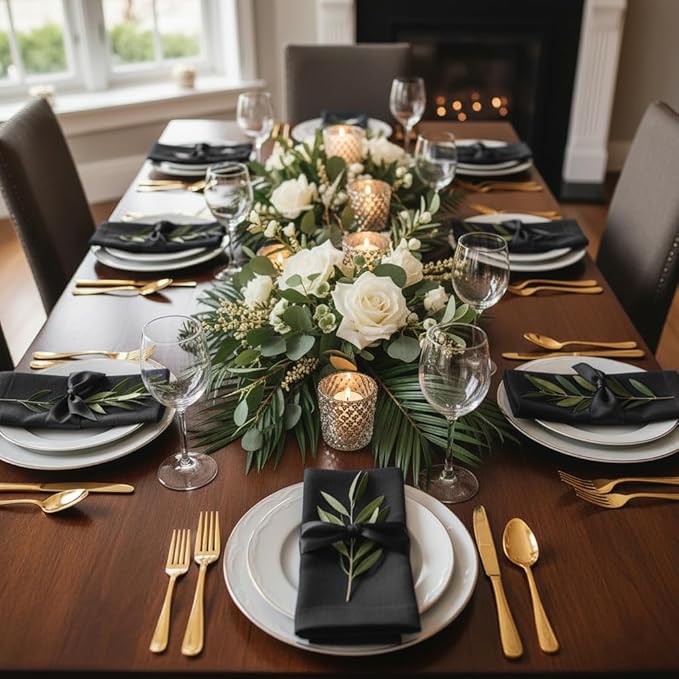D'Moksha Homes Black Linen Napkins 18 x 18 Inch - 100% Pure Linen Cloth Washable Dinner Napkins Set of 4 for Winter, Christmas, Holiday