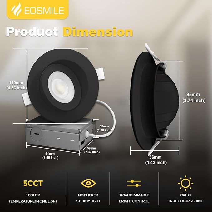 4 Inch 12 Pack Black Gimbal LED Recessed Lighting,2700K 3000K 3500K 4000K 5000K 5Color Selectable, 12W 1100LM CRI90+, 360°&90°Adjustable Eyeball Directional Wafer, ETL&FCC