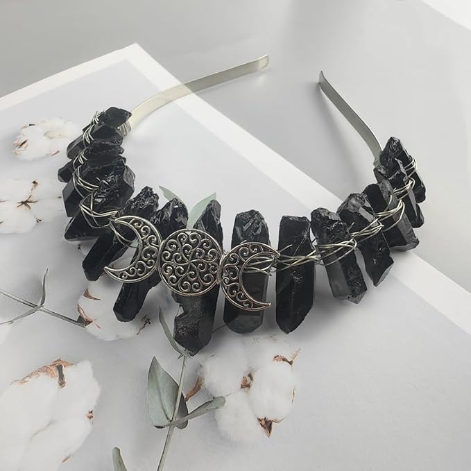 Raw Crystal Obsidian Tiara Headbands,Black Quartz Moon Goddess Crown Headpiece Costume Party Headwear for Women Girls