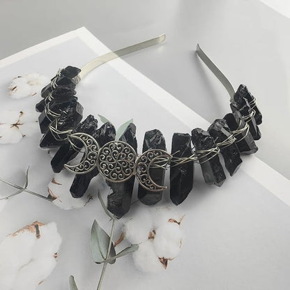 Raw Crystal Obsidian Tiara Headbands,Black Quartz Moon Goddess Crown Headpiece Costume Party Headwear for Women Girls