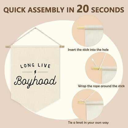 Boys Room Decor, Long Live Boyhood Linen Canvas Banner, Minimalist Boy Nursery Wall Hanging Pennant Flag Banner for Boys Kids Toddler Room Bedroom Playroom Decor, 15x11in