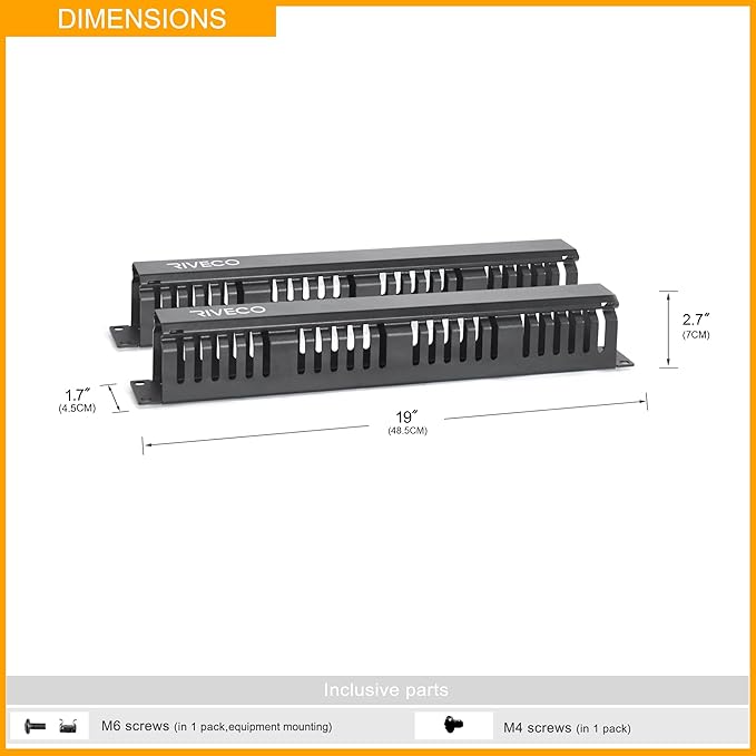 RIVECO 2PCS 1U Cable Management for Racks & Server Cabinets Managing Cord & Wire, Cable Raceway for 19” Rack Mount 24 Slots Large 2.8 Inches Capacity Black