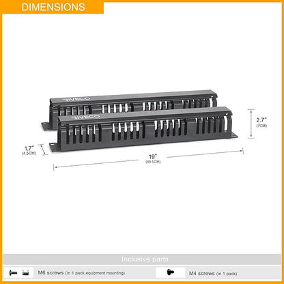 RIVECO 2PCS 1U Cable Management for Racks & Server Cabinets Managing Cord & Wire, Cable Raceway for 19” Rack Mount 24 Slots Large 2.8 Inches Capacity Black