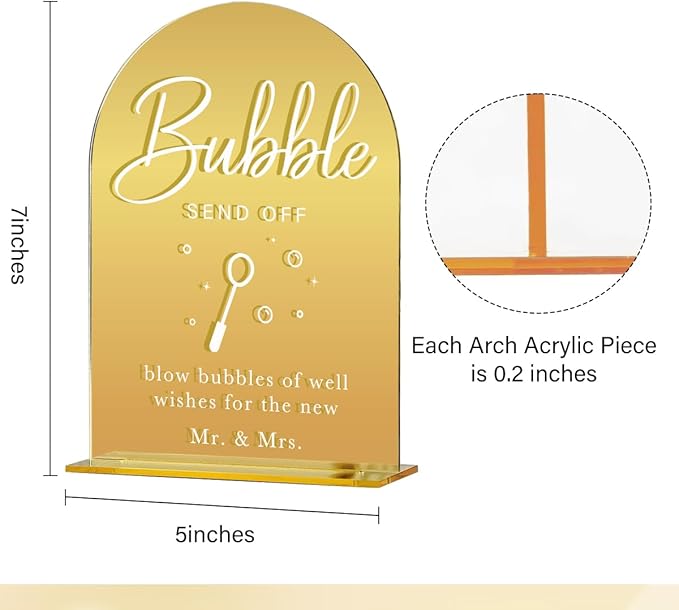 Acrylic Wedding Sign, Bridal Shower Decorations, Bubble Send Off Sign for Ceremony, Modern Font Table Signs, Gold Mirror Arched Acrylic Tabletop Signs for Wedding Reception and Event Party
