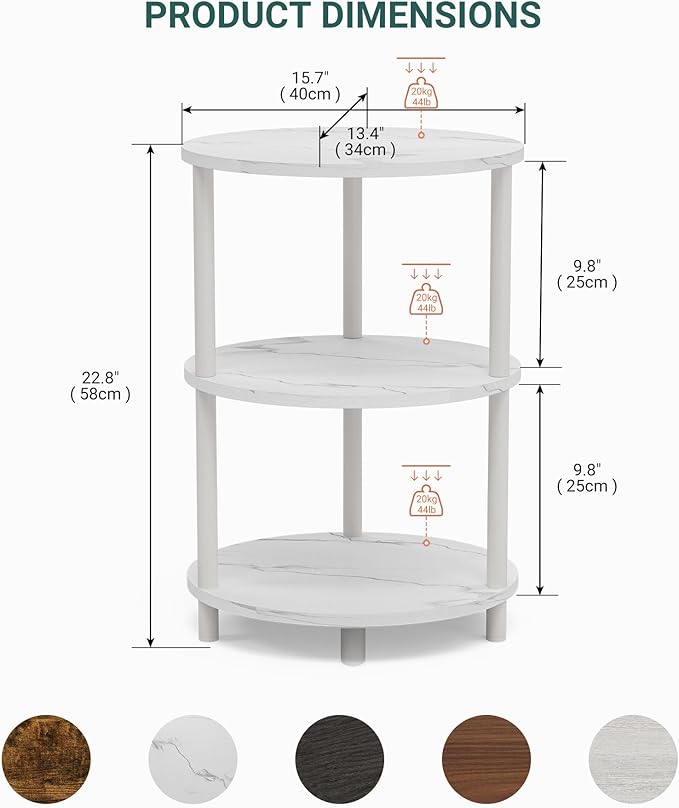 Small Round Side Table - 3-Tier Oval Accent Table for Small Spaces, Rustic Wood and Metal Couch End Table, Nightstand for Bedroom or End Table Living Room, Easy to Assemble, Marble White
