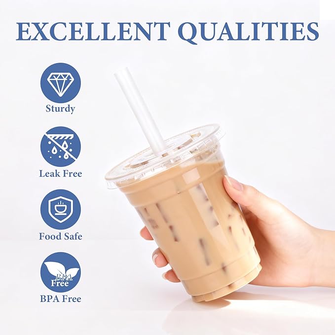 SAEUYVB 200 Pack - 16 oz Clear Plastic Cups with Lids and Straws,Disposable Iced Coffee Cups with Lids for Smoothie,Milkshake,Cold Drinks,Sturdy&Food Safe Disposable Clear Plastic Cups