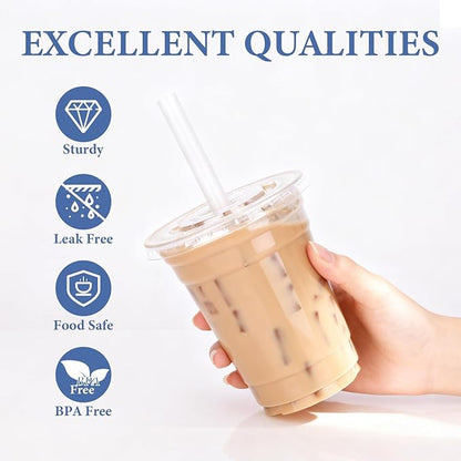 SAEUYVB 200 Pack - 16 oz Clear Plastic Cups with Lids and Straws,Disposable Iced Coffee Cups with Lids for Smoothie,Milkshake,Cold Drinks,Sturdy&Food Safe Disposable Clear Plastic Cups