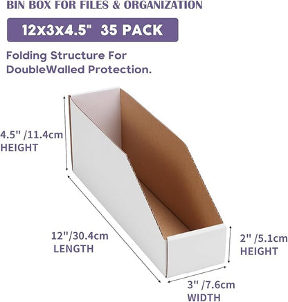 EXYGLO Cardboard Storage Bins 35 Pack, 12x3x4.5 Inch Cardboard Boxes, Corrugated Organizer Bins for Pantry, Shelves, Garage, Office, Shop, White