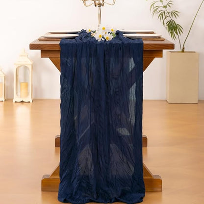 Socomi 3pcs Navy Blue Fall Thanksgiving Cheesecloth Table Runner Boho Rustic Gauze 120 inch 10FT Cheese Cloth Runner for Wedding Party Baby Shower Birthday Home Decor Holiday Decorations