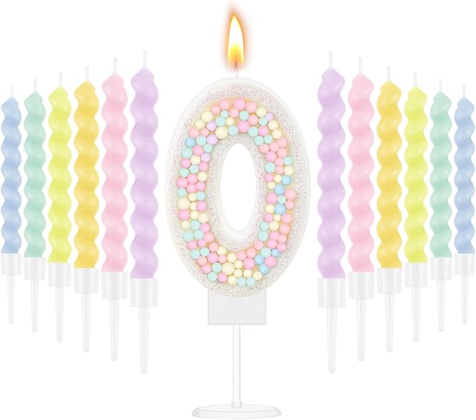 MTLEE Number 0 Birthday Candle with 12 Pcs Spiral Candles for Girls Macaron Pastel Rainbow Unicorn Pink Cake Topper for Sweet Theme Party Decoration