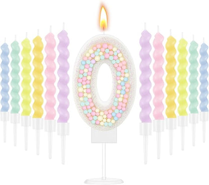 MTLEE Number 0 Birthday Candle with 12 Pcs Spiral Candles for Girls Macaron Pastel Rainbow Unicorn Pink Cake Topper for Sweet Theme Party Decoration