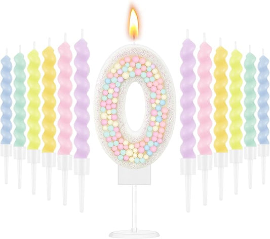 MTLEE Number 0 Birthday Candle with 12 Pcs Spiral Candles for Girls Macaron Pastel Rainbow Unicorn Pink Cake Topper for Sweet Theme Party Decoration
