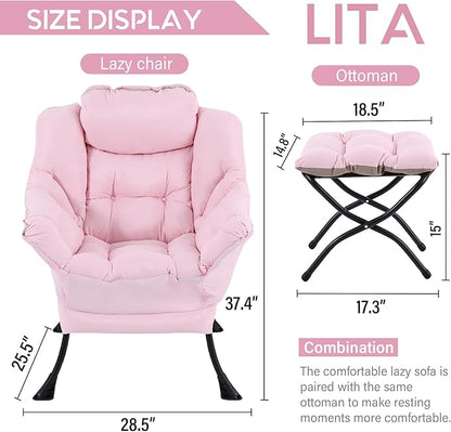 LITA Lazy Chair with Ottoman, Modern Accent Leisure Upholstered Sofa, Contemporary Lounge Reading Chair with Armrests and a Side Pocket for Living Room, Bedroom & Small Space, Pink