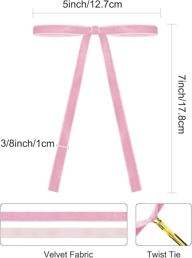 SIMISI RIBBON 24 Pcs Pink Velvet Christmas Tree Bows Door Garland Decor Vintage Wreath Bow (3/8'' Wide, 5 * 7 inch)