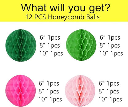 Capesaro 12pcs Pink Green Hanging Honeycomb Balls Decorations Theme Party Decor Movie Birthday Party Decorations for Kids(6" 8" 10" Pink Green Set)