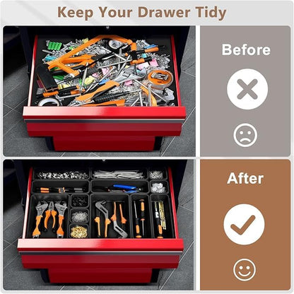 A-LUGEI【Large Size】【5 Pcs】 Tool Box Organizer Tray Divider【Single Size】 Black Plastic Desk Drawer Organizer Garage Organization for Wrench Plier Hammer Bit Socket Extension Screwdriver Bolt Hex key