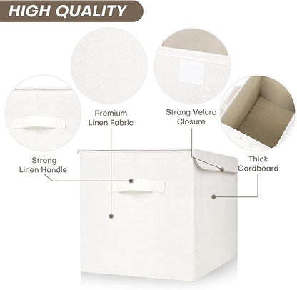 Large 22 Quart Linen Fabric Foldable Storage Bin Cube Organizer Basket with Flip-Top Lid & Handles, Clothes Blanket Box for Home, Office, Closet, White, 4 Pack 14.6 x 9.5 x 9.5”