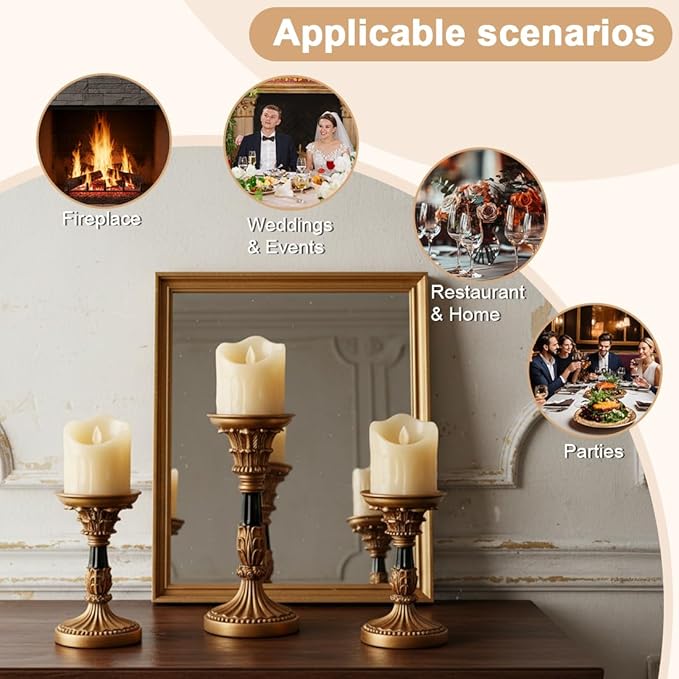 Vintage Candle Holders Set of 3 – Hand-Painted Resin Pillar Candle Stands – Antique Gold Decorative Candle Holder Set for Table Centerpiece, Mantel, Wedding, and Home Decor