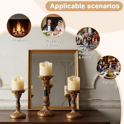 Vintage Candle Holders Set of 3 – Hand-Painted Resin Pillar Candle Stands – Antique Gold Decorative Candle Holder Set for Table Centerpiece, Mantel, Wedding, and Home Decor