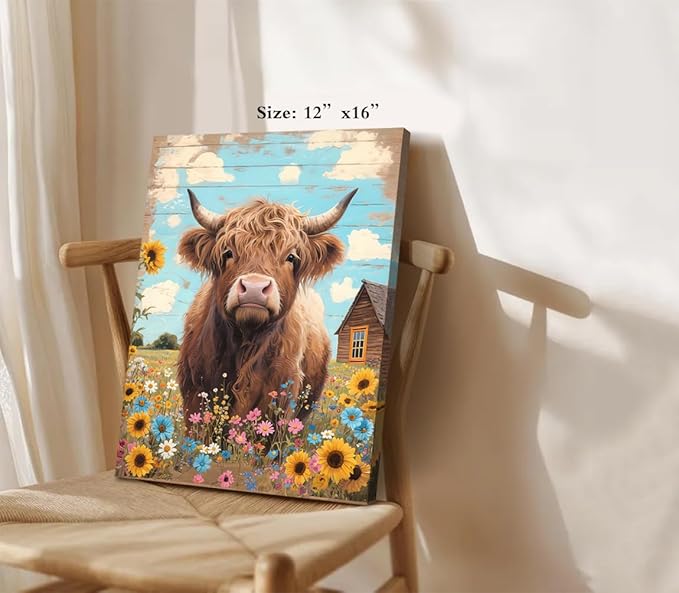 Rustic Farmhouse Highland Cow Wall Art,Rustic Highland Cow Sunflower Canvas Pictures Wall Decor,Country Animal Cattle Canvas Print Framed Artwork for Bathroom Bedroom Living Room12 x16
