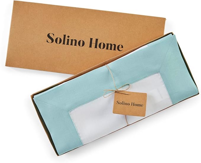 Solino Home Linen Table Runner 90 Inches Long - Aqua Blue and White 100% Pure Linen 14 x 90 Inch Table Runner for Dining - Contempo