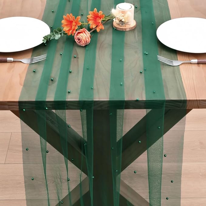 Dark Green Pearl Fall Thanksgiving Table Runner Boho Rustic Tulle Lace Table Runner for Baby Shower Wedding Arch Decor Veil Dessert Table Decor 3pcs