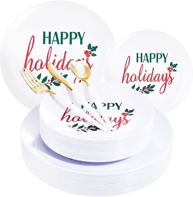 Supernal 150pcs Christmas Plastic Plates Disposable Holiday Plates,Christmas Dinnerware with Xmas Plate,White and Gold Plastic Silverware, Disposable Party Plate with "Happy Holiday"