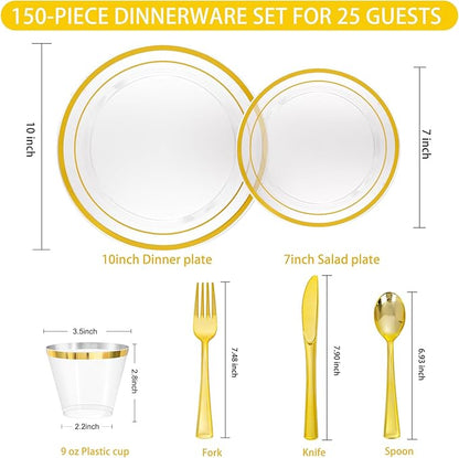 150 PCS Clear Gold Disposable Dinnerware Set for 25 Guests, Clear and Gold Plastic Plates for Party, 25 Dinner Plates, 25 Salad Plates, 25 Cups, 25 Spoons Forks Knives for Wedding and Party Supplies