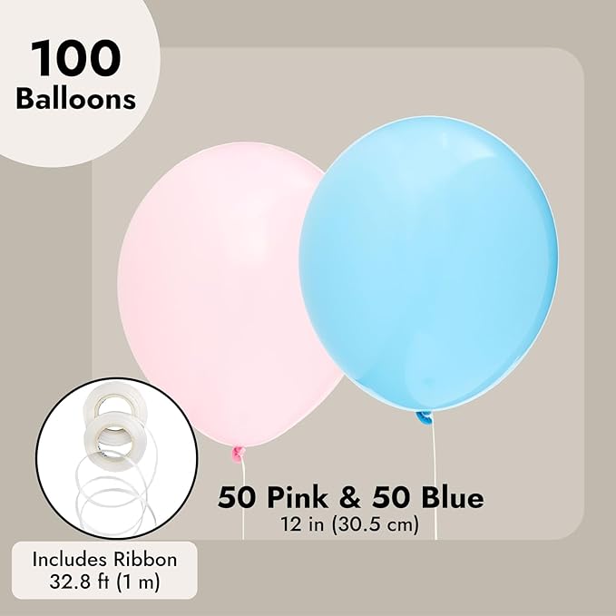 BLUE PANDA Gender Reveal Decorations Balloon Set - 100 Pink & Blue, 12 in, 32.8 ft Ribbon - Gender Reveal Party, Baby Shower & Birthday Party - Includes Balloon Ribbon