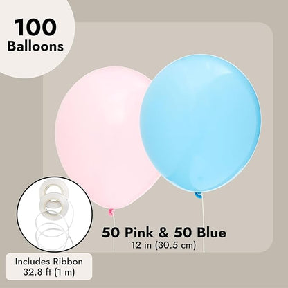 BLUE PANDA Gender Reveal Decorations Balloon Set - 100 Pink & Blue, 12 in, 32.8 ft Ribbon - Gender Reveal Party, Baby Shower & Birthday Party - Includes Balloon Ribbon