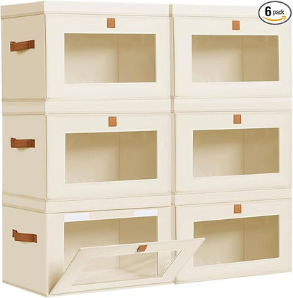 DIMJ Storage Bins with Lids - 6 Pack Large Fabric Closet Organizer with Window & Handles, Collapsible Decorative Storage Boxes for Shelves Under Bed, Books Clothes Blankets Sweaters Organization